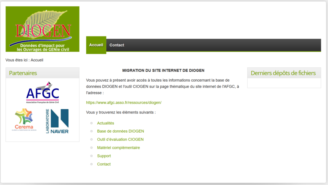 Page d'acceuil de la BDD Diogen avec accès aux calculateur Ciogen