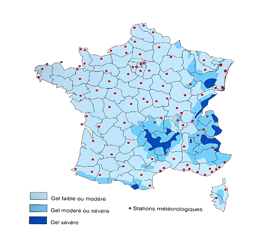 Carte des zones de Gel en France