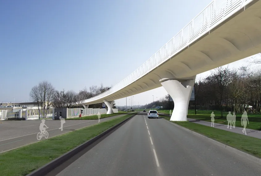 Le déhanché des piles en « y » souligne la sinuosité du viaduc et le fort dévers qui le caractérise par endroits. les teintes claires des piles et du tablier ont été choisies pour une meilleure insertion urbaine.