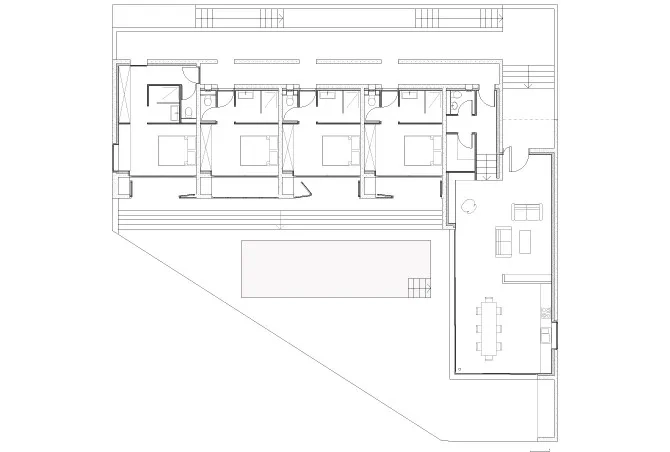 Plan de rez-de-chaussée 1. Entrée 2. Salon 3. coin repas/cuisine 4. chambres 5. piscine Plan de rez-de-chaussée 1. Entrée 2. Salon 3. coin repas/cuisine 4. chambres 5. piscine