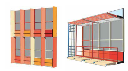 Détails des modules de façade nord et est (à gauche), sud et ouest (à droite). 