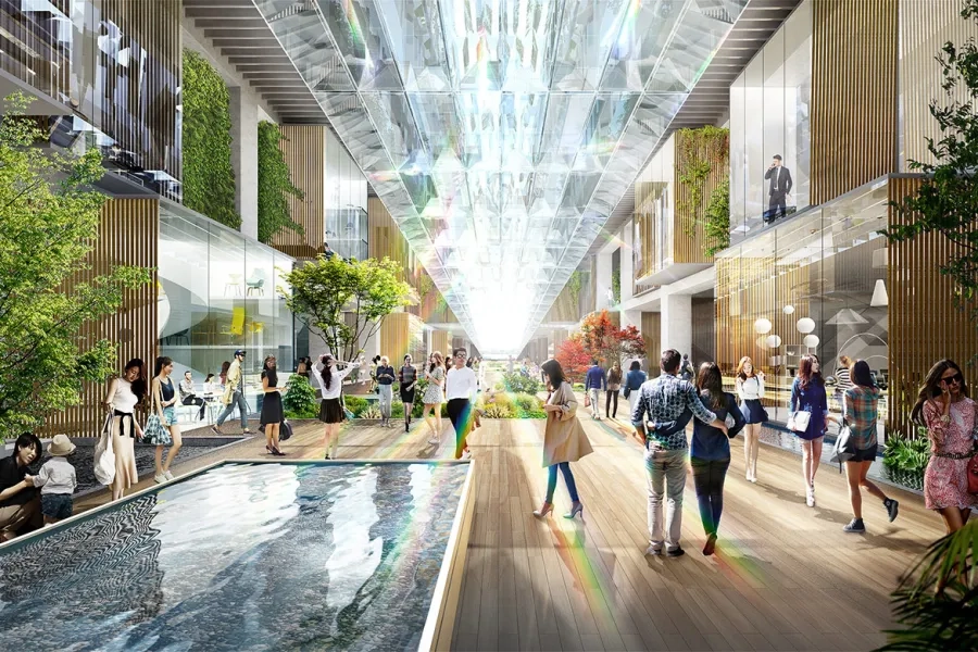 Le futur Pôle multimodal de Gangnam, au cœur de Séoul (Corée du Sud). Coiffées d’un immense parc en surface, les infrastructures souterraines de transport seront entourées de commerces et d’activités variées. Le futur Pôle multimodal de Gangnam, au cœur de Séoul (Corée du Sud). Coiffées d’un immense parc en surface, les infrastructures souterraines de transport seront entourées de commerces et d’activités variées.