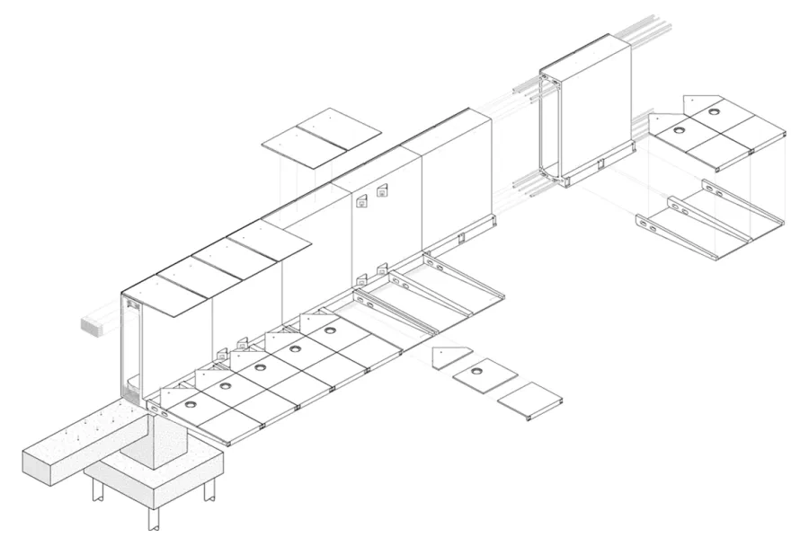 Axonométrie des voussoirs renforcés: 1. Câbles de précontrainte 2. Voussoir BFUP 3. Casquette BFUP 4. Console BFUP 5. Dallette BFUP 6. Bossages ancrage précontrainte Axonométrie des voussoirs renforcés: 1. Câbles de précontrainte 2. Voussoir BFUP 3. Casquette BFUP 4. Console BFUP 5. Dallette BFUP 6. Bossages ancrage précontrainte
