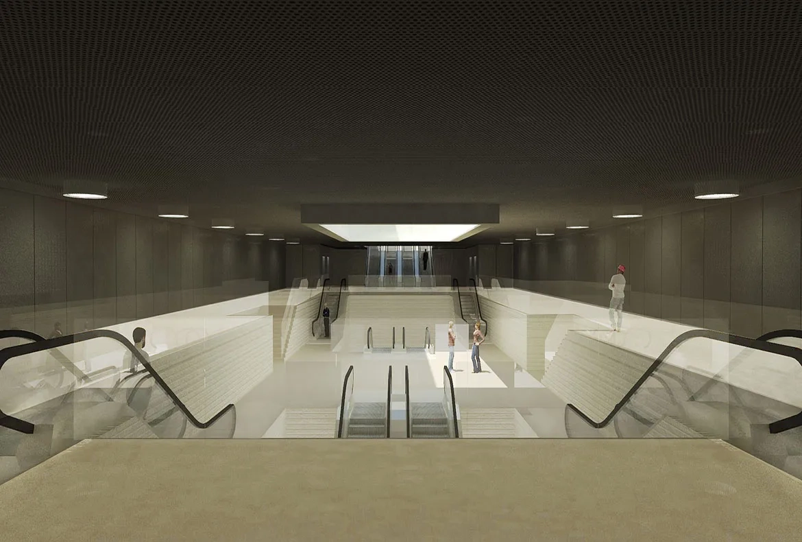 Pour évoquer l’ambiance d’un gouffre, l’intérieur de la gare de Bagneux sera traité avec un béton clair. Pour évoquer l’ambiance d’un gouffre, l’intérieur de la gare de Bagneux sera traité avec un béton clair.