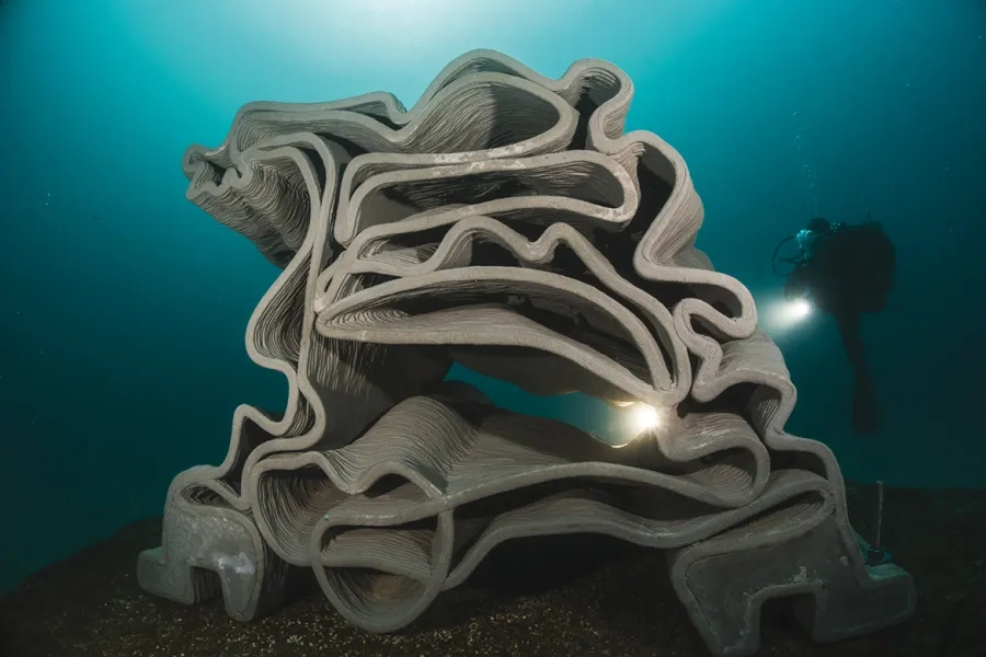 Le récif biomimétique imprimé en 3D, par XtreeE et Seaboost,
à 25 m
de profondeur, dans la calanque
de Cortiou. Le récif biomimétique imprimé en 3D, par XtreeE et Seaboost,
à 25 m
de profondeur, dans la calanque
de Cortiou.