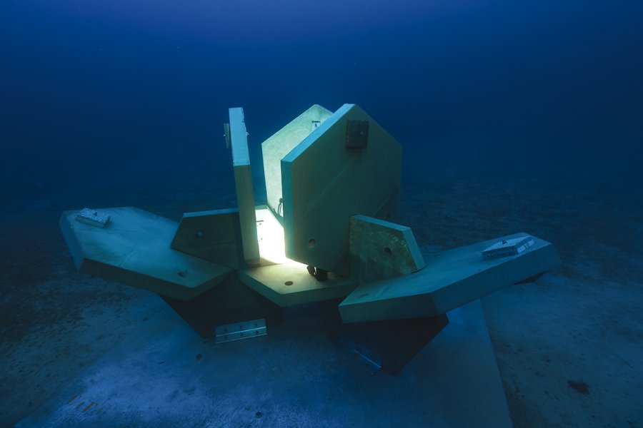 Le récif Fractal® HD immergé dans la Grande Bleue :  10 modules de 400 kg arrimés sur une dalle. Une fleur de 10 tonnes pour repeupler  la mer. 