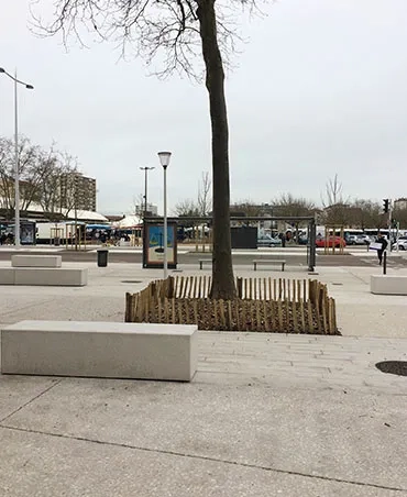 La présence de nombreuses fosses d’arbres et la fréquentation des lieux ont rendu le coulage du béton délicat. Au premier plan, des joints de sciage, dont la présence a été limitée au profit de bandes structurantes en pavé. La présence de nombreuses fosses d’arbres et la fréquentation des lieux ont rendu le coulage du béton délicat. Au premier plan, des joints de sciage, dont la présence a été limitée au profit de bandes structurantes en pavé.