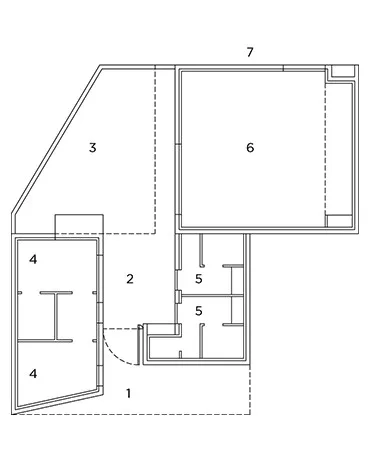 Plan de rez-de-chaussée 1. Parvis 2. Porche 3. Patio 4. bureaux 5. sanitaires 6. grandes alle 7. jardin des liquidambars Plan de rez-de-chaussée 1. Parvis 2. Porche 3. Patio 4. bureaux 5. sanitaires 6. grande salle 7. jardin des liquidambars