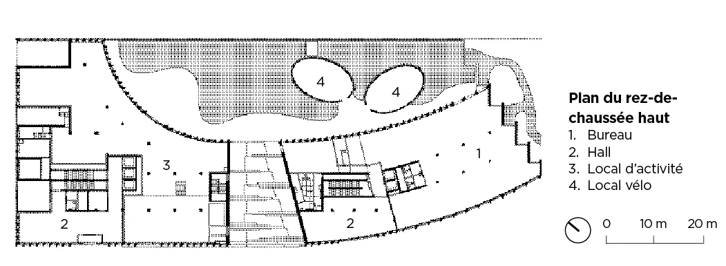 Plan du rez-de-chaussée haut 1.	Bureau 2.	Hall 3.	Local d’activité 4.	Local vélo