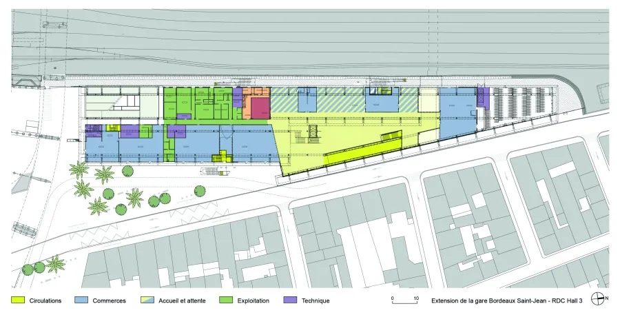 Plan de rez-de-chaussée 1. Hall 3 2. circulations 3. commerces 4. Accueil/ attente 5. Exploitation