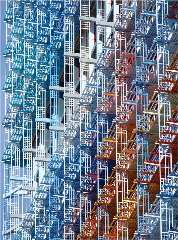 Tout en dentelle et couleurs, la grille en Bfup des façades sud et ouest semble particulièrement légère. Tout en dentelle et couleurs, la grille en Bfup des façades sud et ouest semble particulièrement légère.