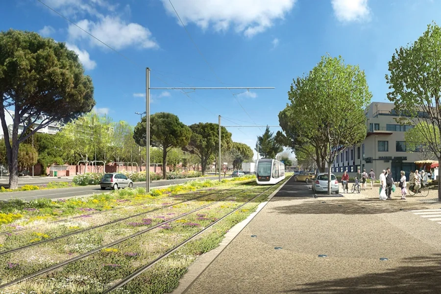 Vues d’artiste du tramway du Grand Avignon. La ligne 1 reliera le centre historique (la porte Saint-Roch et les remparts, en médaillon à droite) aux quartiers périphériques situés au sud et à l’est (ci-dessus). Vues d’artiste du tramway du Grand Avignon. La ligne 1 reliera le centre historique (la porte Saint-Roch et les remparts, en médaillon à droite) aux quartiers périphériques situés au sud et à l’est (ci-dessus).