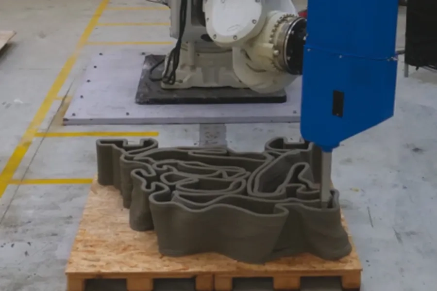 L’imprimante en action :
la tête d’impression déverse peu à peu le béton, selon la numérisation des plans (Seaboost et XtreeE). L’imprimante en action :
la tête d’impression déverse peu à peu le béton, selon la numérisation des plans (Seaboost et XtreeE).