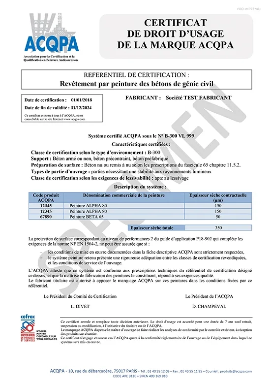 Association pour la Certification et la Qualification en Peinture Anticorrosion Speciment Droit d'usage ACQPA béton.jpg