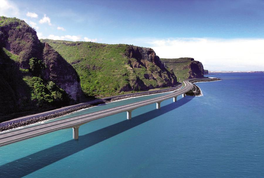 Long de 5,4 km, le viaduc forme des travées de 120 m et repose sur 48 piles en mer.