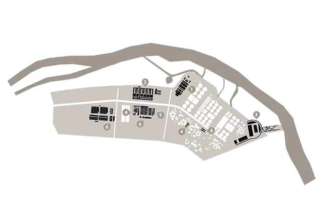 Plan du site Seine-Aval: 1. Unité clarifioculation 2. Unité traitement pollutions azotées 3. Unité prétraitement 4. Unité traitement des boues 5. Unité postdénitrification 6. Unité le biologique Plan du site Seine-Aval: 1. Unité clarifioculation 2. Unité traitement pollutions azotées 3. Unité prétraitement 4. Unité traitement des boues 5. Unité postdénitrification 6. Unité le biologique