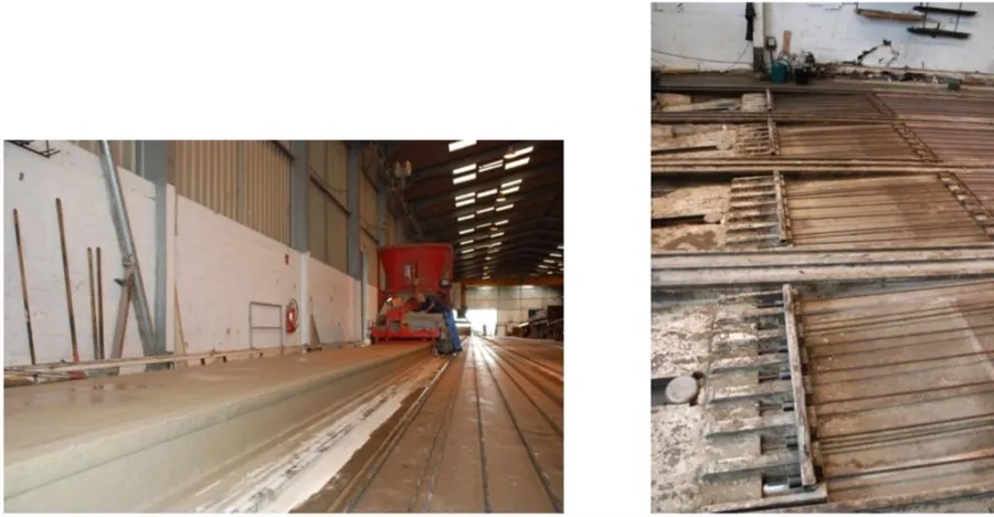 Figure 12 : exécution des planchers par une machine à coffrage glissant (extrusion) et vue des ancrages de torons aux extrémités du banc.