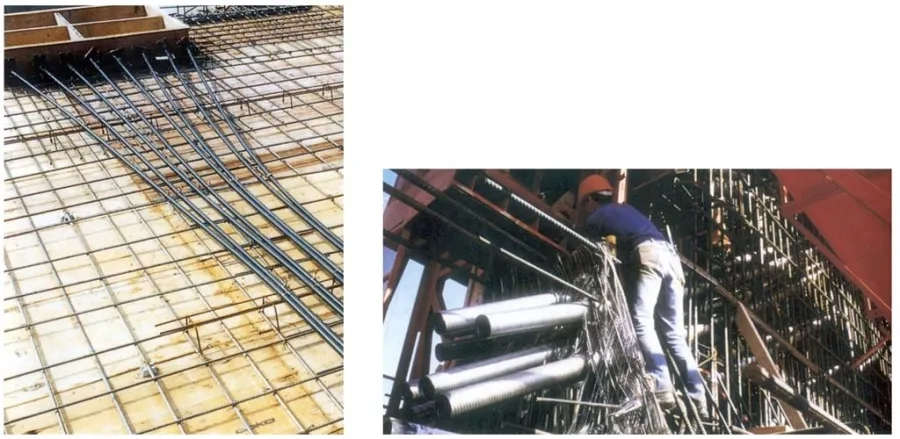 Figure 7 : Conduites de précontrainte pour la post-tension. A gauche pour une dalle, à droite pour une poutre de l’arche de la Défense.