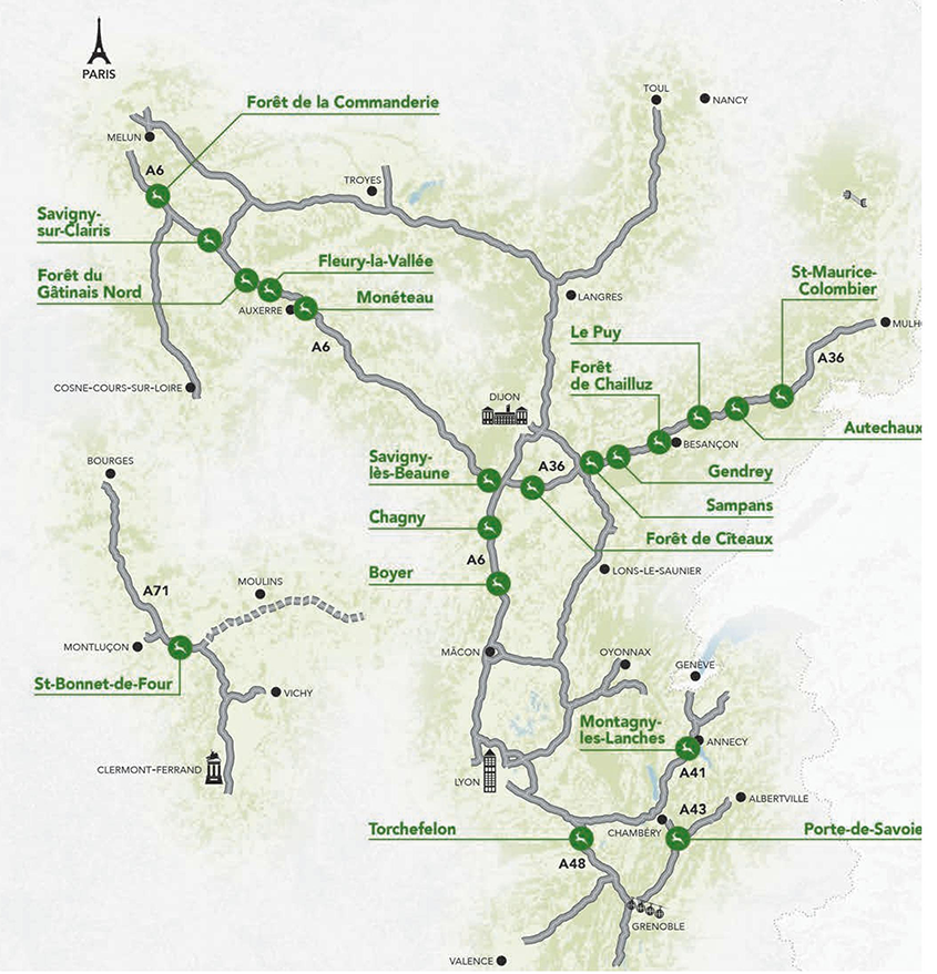 Carte des 19 « éco-ponts » en cours de réalisation sur le réseau du groupe APRR. 