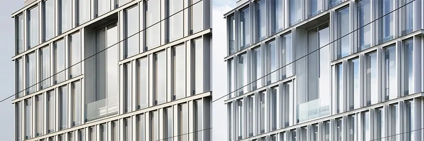 Vues de détail montrant les positions ouvertes et fermées de la façade bioclimatique.