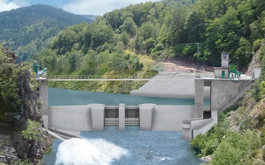 Photo-montage de l'ouvrage terminé. D’une hauteur de 7 m, le nouveau barrage est équipé de vannes amovibles qui seront ouvertes trois mois par an. Photo-montage du barrage de Poutès terminé