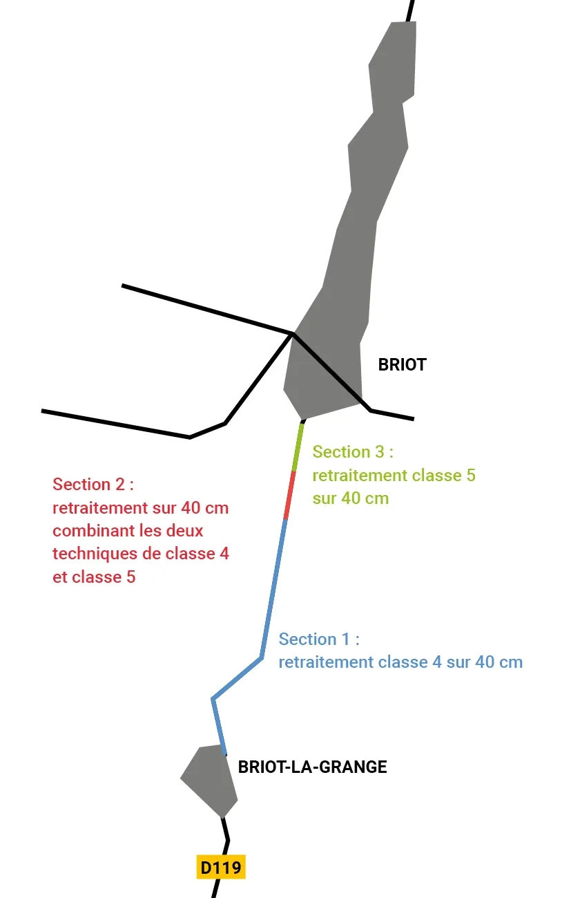 Figure 3. Plan de situation des trois sections sur la RD119, entre Briot et Briot-la-Grange.