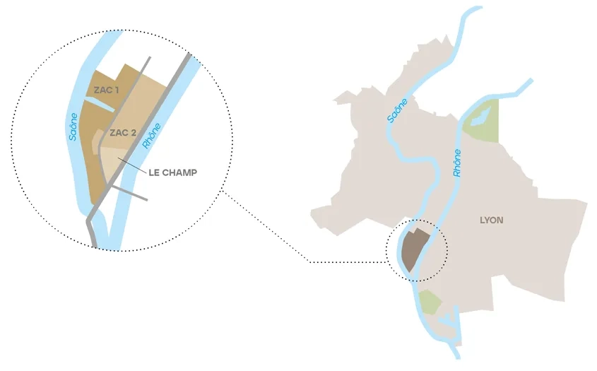 Carte de la partie sud de la presqu’île de Lyon, à la confluence entre le Rhône et la Saône et montrant bien la ZAC 1, la ZAC 2 et le Champ de la Confluence.