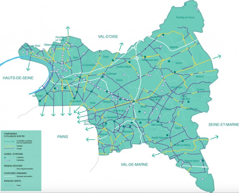 La carte des pistes cyclables existantes et en cours de réalisation en Seine-Saint-Denis.