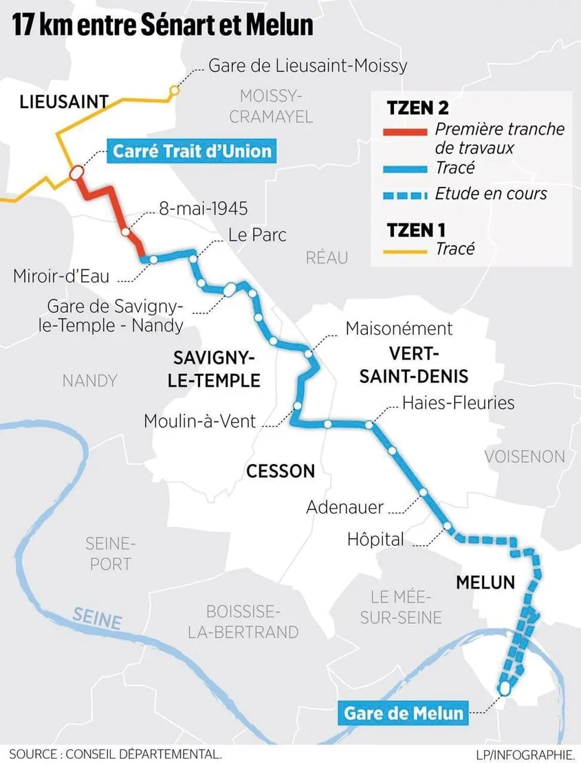 En direction du sud, le T Zen 2 doit assurer la liaison entre Lieusaint et Melun, en desservant au passage Savigny-le-Temple. En direction du sud, le T Zen 2 doit assurer la liaison entre Lieusaint et Melun, en desservant au passage Savigny-le-Temple.