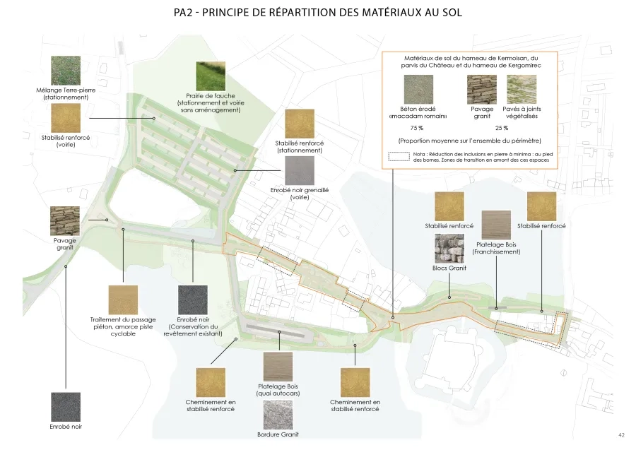Figure 4. Plan masse du projet d’aménagement et principe de répartition des matériaux au sol. (©Phytolab)