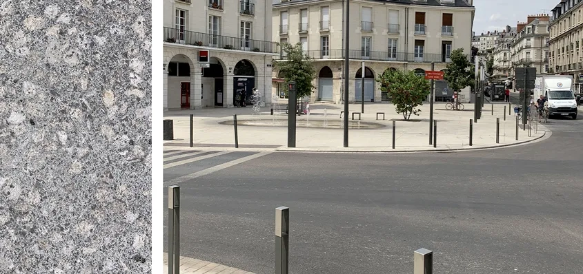 Aménagement urbain en béton bouchardé, centre-ville de Blois.