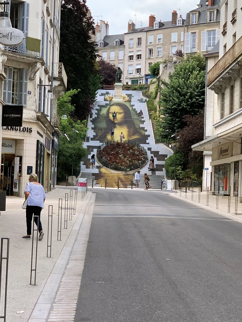 Construit au XIXe siècle, l’escalier Denis-Papin (l’inventeur de la machine à vapeur) relie la ville haute et la ville basse de Blois. Il compte cent-vingt marches, interrompues par quatre paliers. D’avril à octobre 2019, pour célébrer le 20e anniversaire de l’inscription du Val-de-Loire au patrimoine mondial et en hommage à Léonard de Vinci, ses contremarches ont été décorées du célèbre tableau de la Joconde. Construit au XIXe siècle, l’escalier Denis-Papin (l’inventeur de la machine à vapeur) relie la ville haute et la ville basse de Blois. Il compte cent-vingt marches, interrompues par quatre paliers. D’avril à octobre 2019, pour célébrer le 20e anniversaire de l’inscription du Val-de-Loire au patrimoine mondial et en hommage à Léonard de Vinci, ses contremarches ont été décorées du célèbre tableau de la Joconde.
