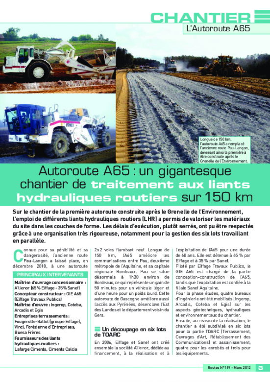 Autoroute A 65 : un gigantesque chantier de traitement aux liants hydrauliques routiers sur 150 km